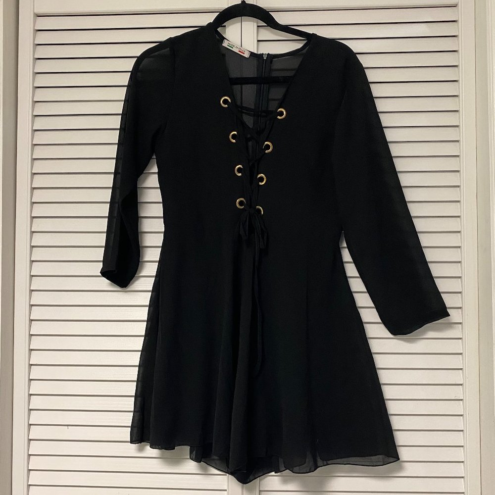 Tie Front Long Sleeve Black Romper